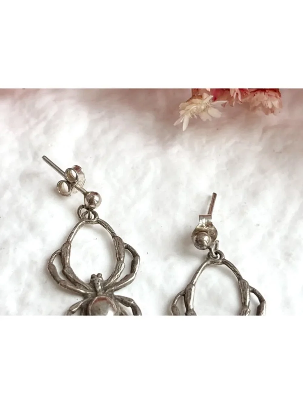 Awesome Spider Figural Hand Carved Vintage Sterling Silver 925 Drop Earrings